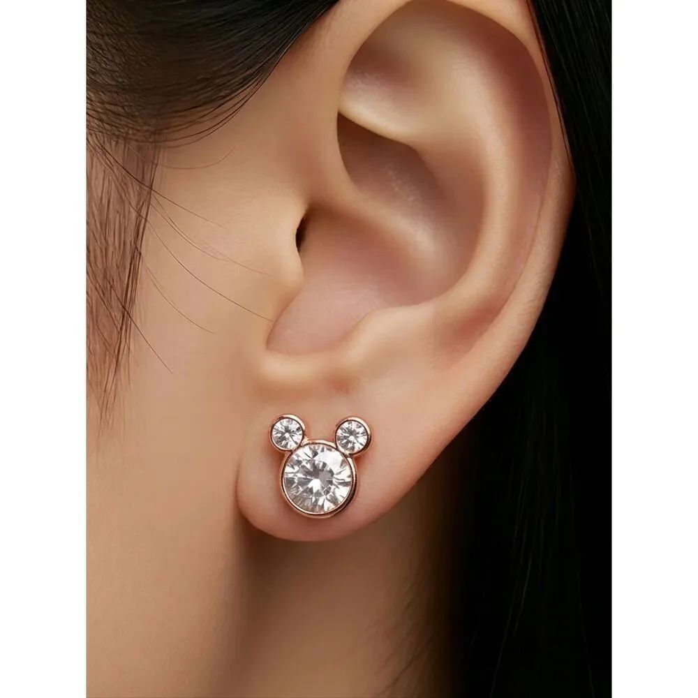 Mickey Ears Stud Earrings CZ Rose Gold Sparkly Mouse Head Dainty Disney Style